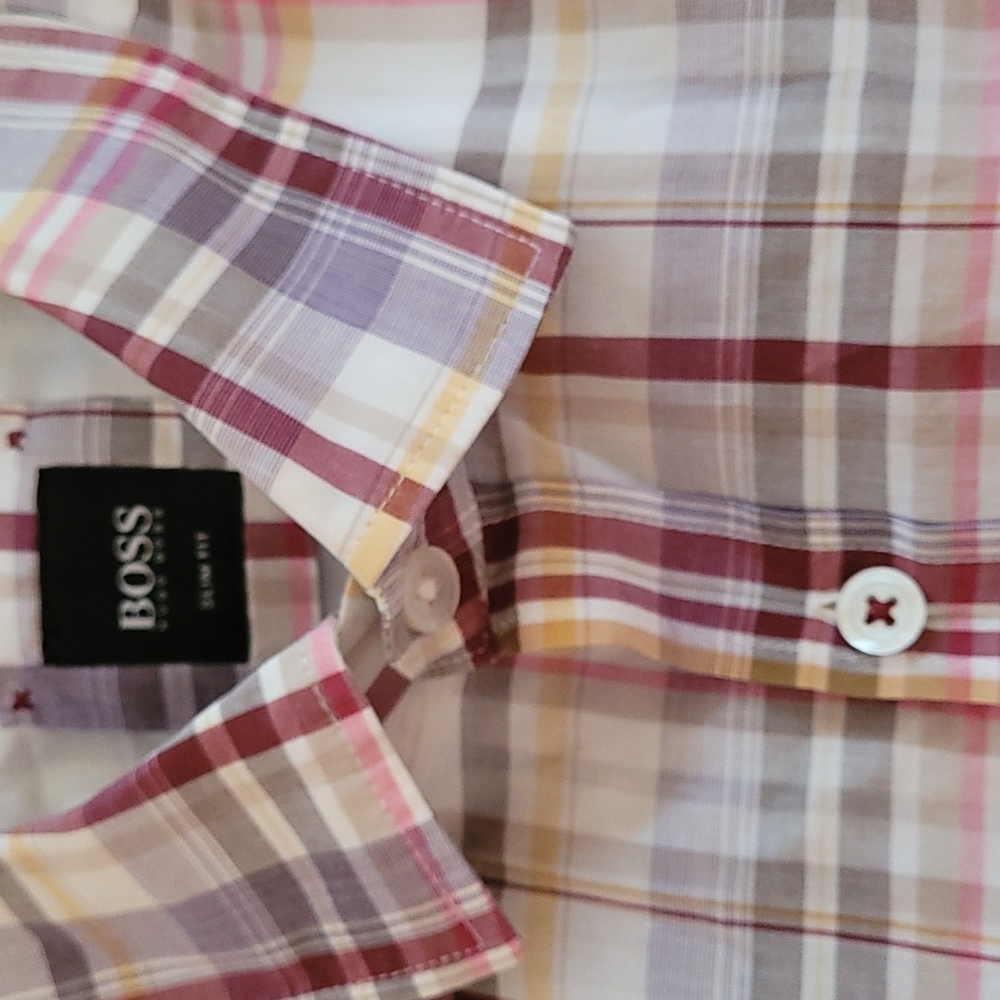 Boss Men's Medium Slim Fit Plaid Short Sleeve Button Down Shirt Hugo Boss